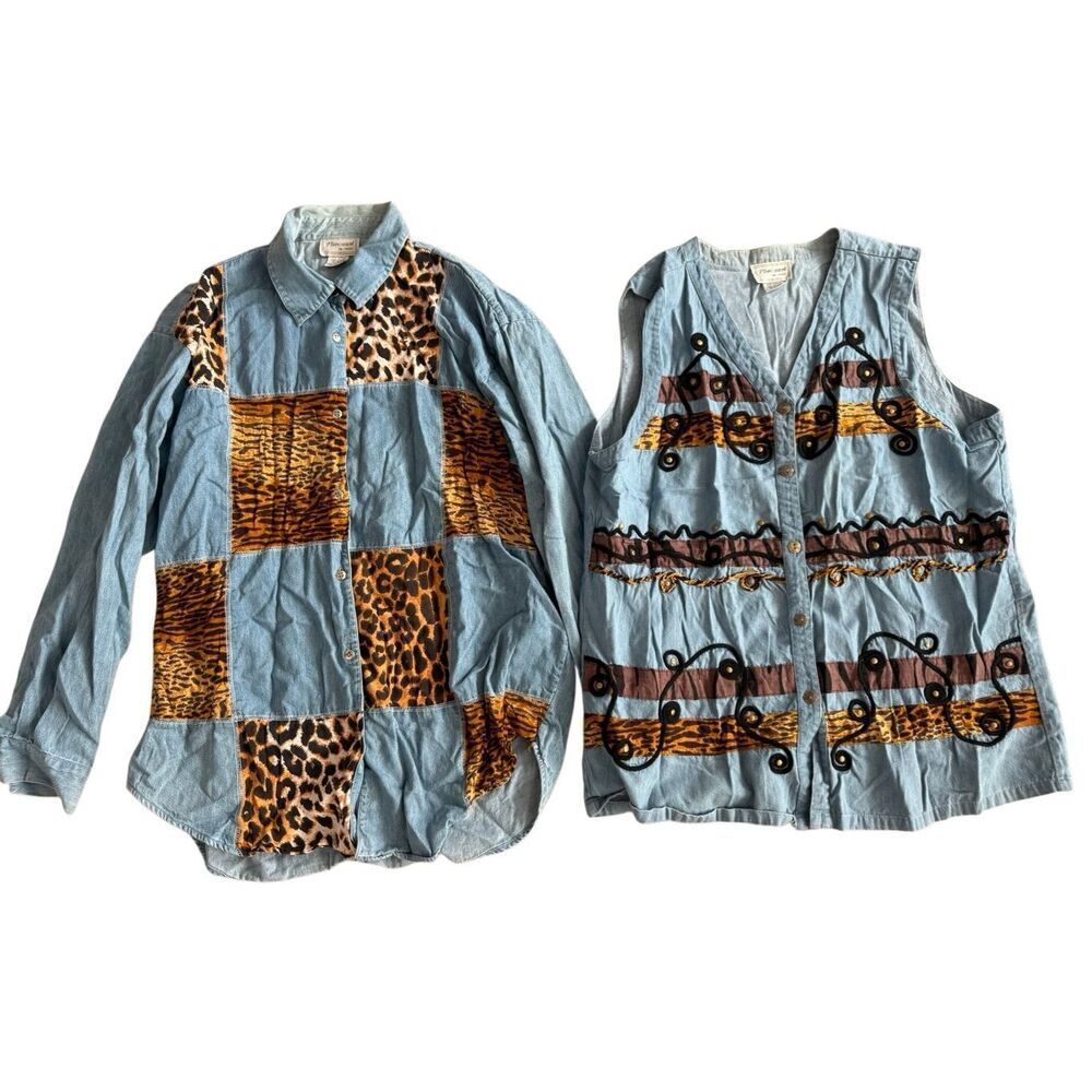 Vintage Set of Two (2) Florissant Denim Leopard Longsleeves & Sleeveless Blous